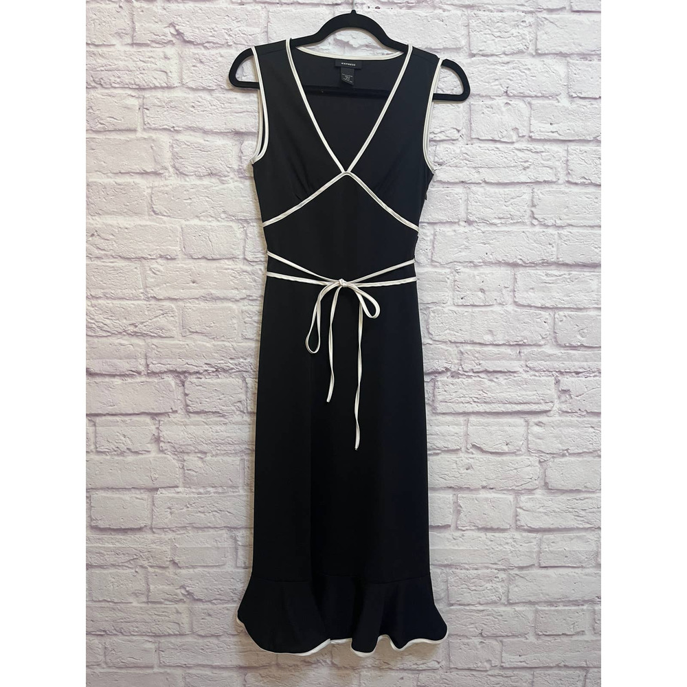 Express dress 4. Black with white trim and tie belt. Sleeveless. Side zip.